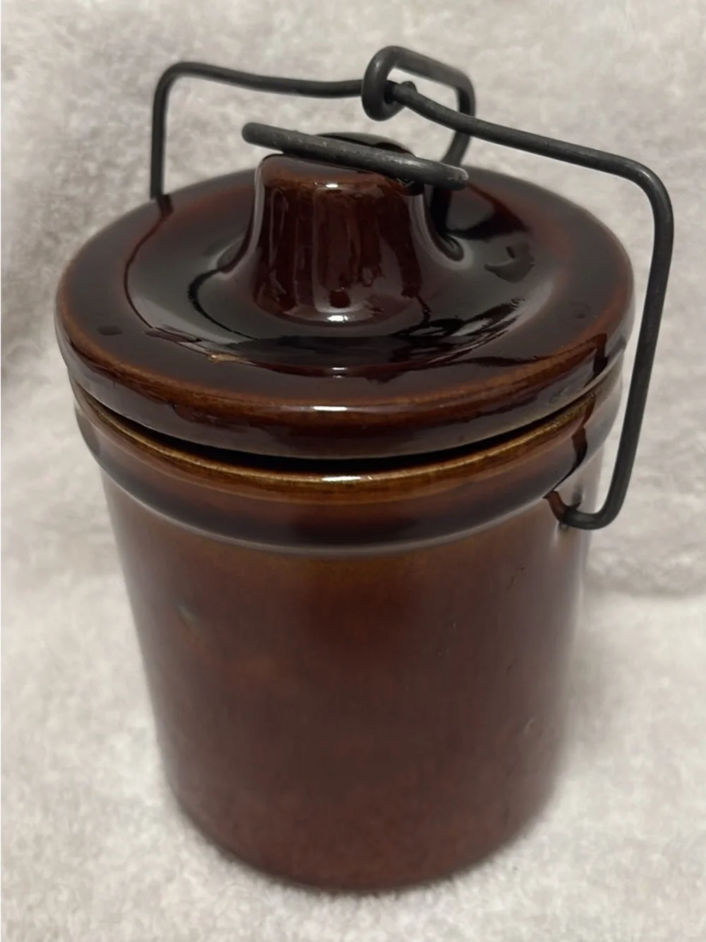 Vintage Brown Ceramic Crock Lidded Canister with Wire Handle - Kitchen Storage